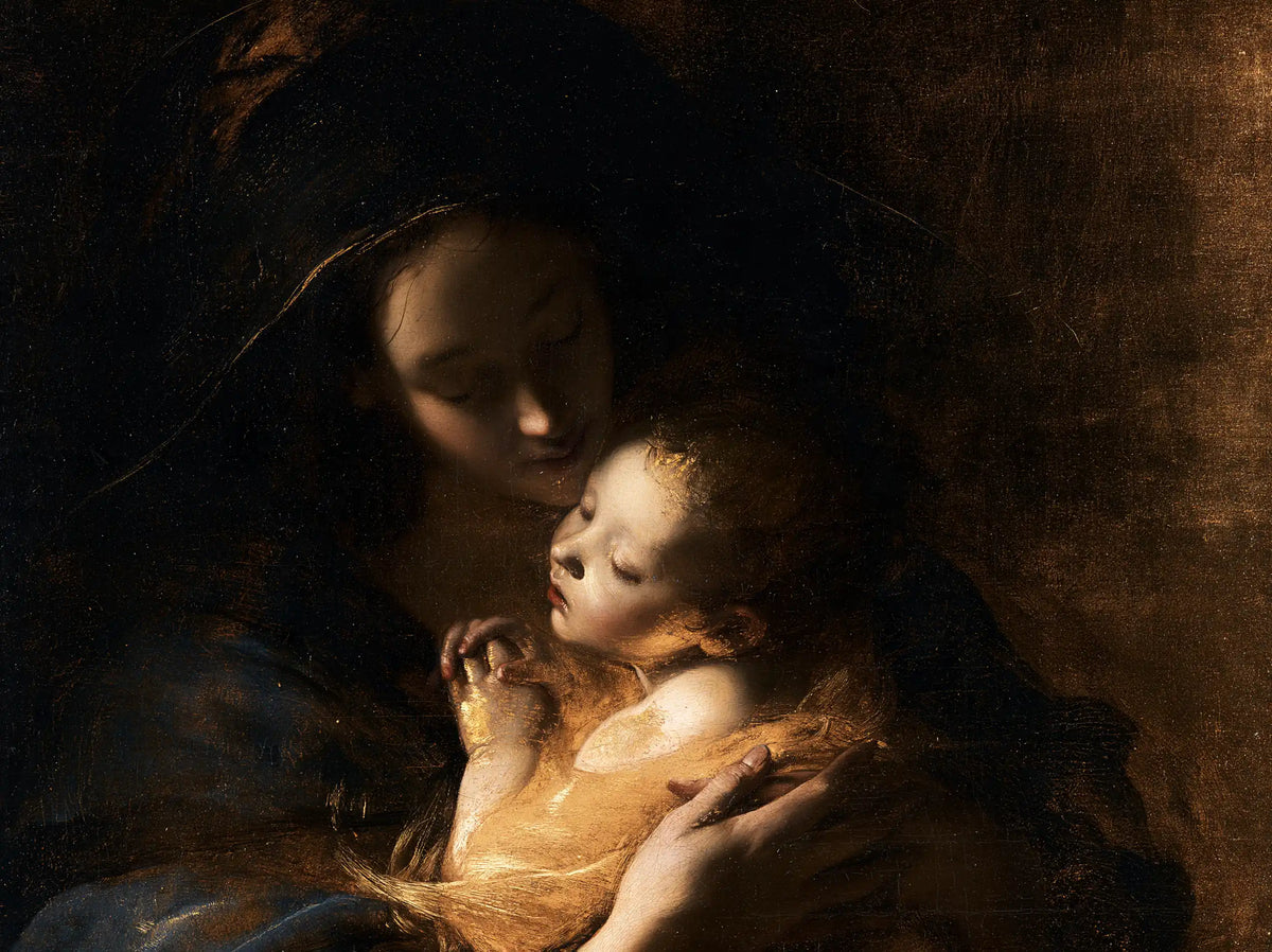 the Virgin Mary holding the Child Jesus in Black and Gold style, landscape Christian artwork no. 9
