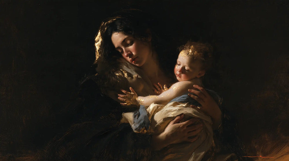 the Virgin Mary holding the Child Jesus in Black and Gold style, landscape Christian artwork no. 17