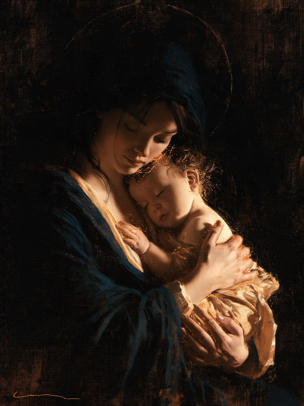 the Virgin Mary holding the Child Jesus in Black and Gold style, portrait Christian artwork no. 21