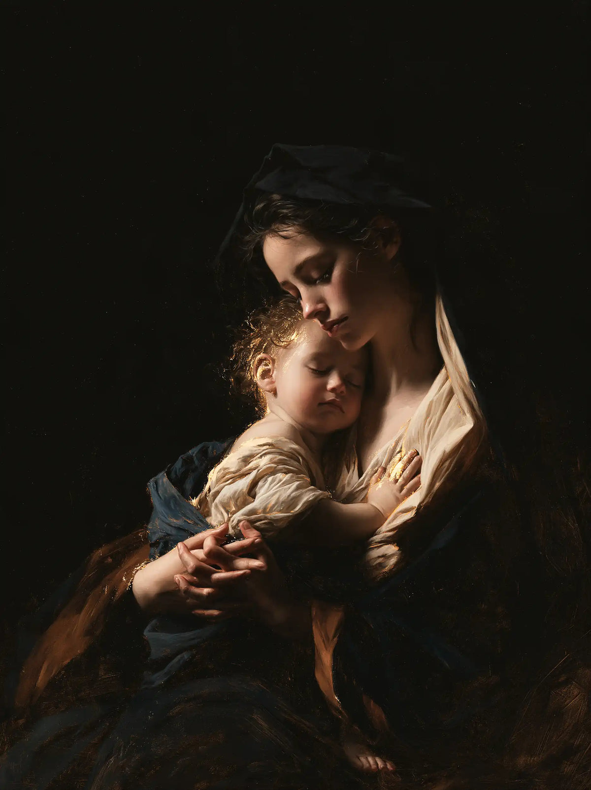 the Virgin Mary holding the Child Jesus in Black and Gold style, portrait Christian artwork no. 22