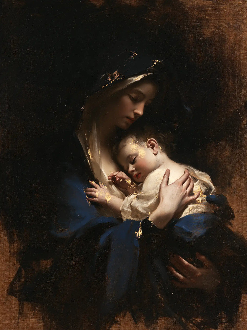 the Virgin Mary holding the Child Jesus in Black and Gold style, portrait Christian artwork no. 24
