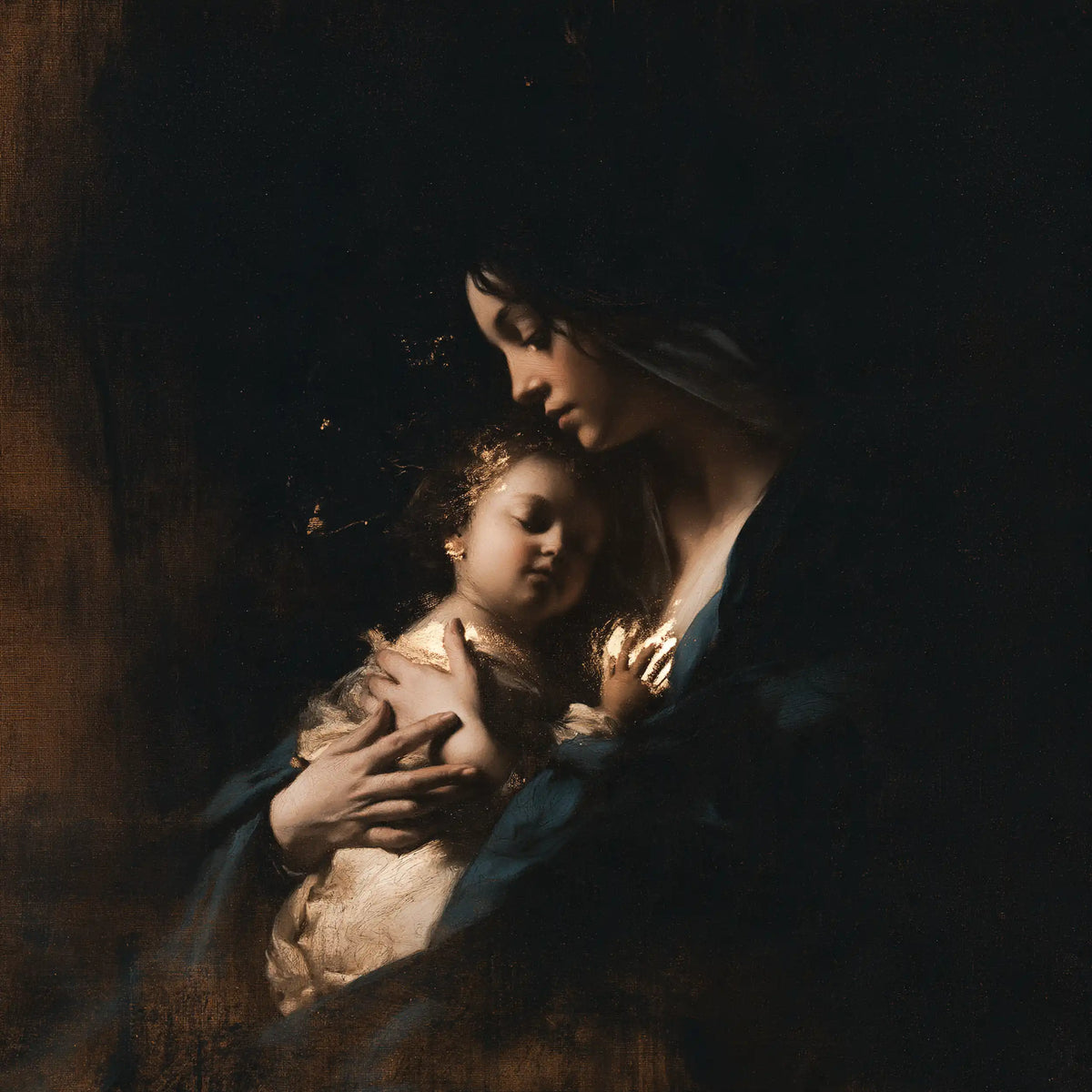 the Virgin Mary holding the Child Jesus in Black and Gold style, square Christian artwork no. 2