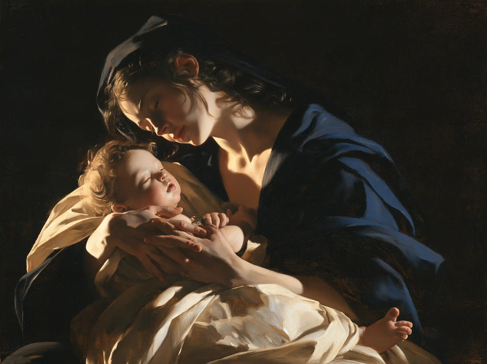 the Virgin Mary holding the Child Jesus in Caravaggio Tenebrism style, landscape Christian artwork no. 6
