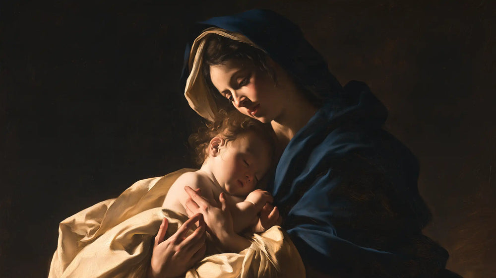 the Virgin Mary holding the Child Jesus in Caravaggio Tenebrism style, landscape Christian artwork no. 13