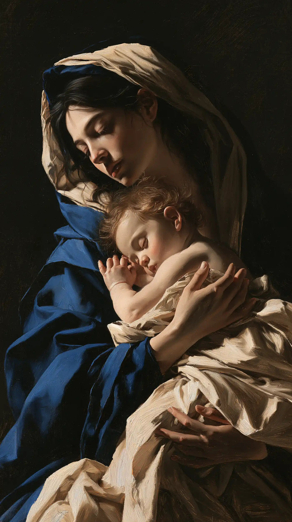 the Virgin Mary holding the Child Jesus in Caravaggio Tenebrism style, portrait Christian artwork no. 5