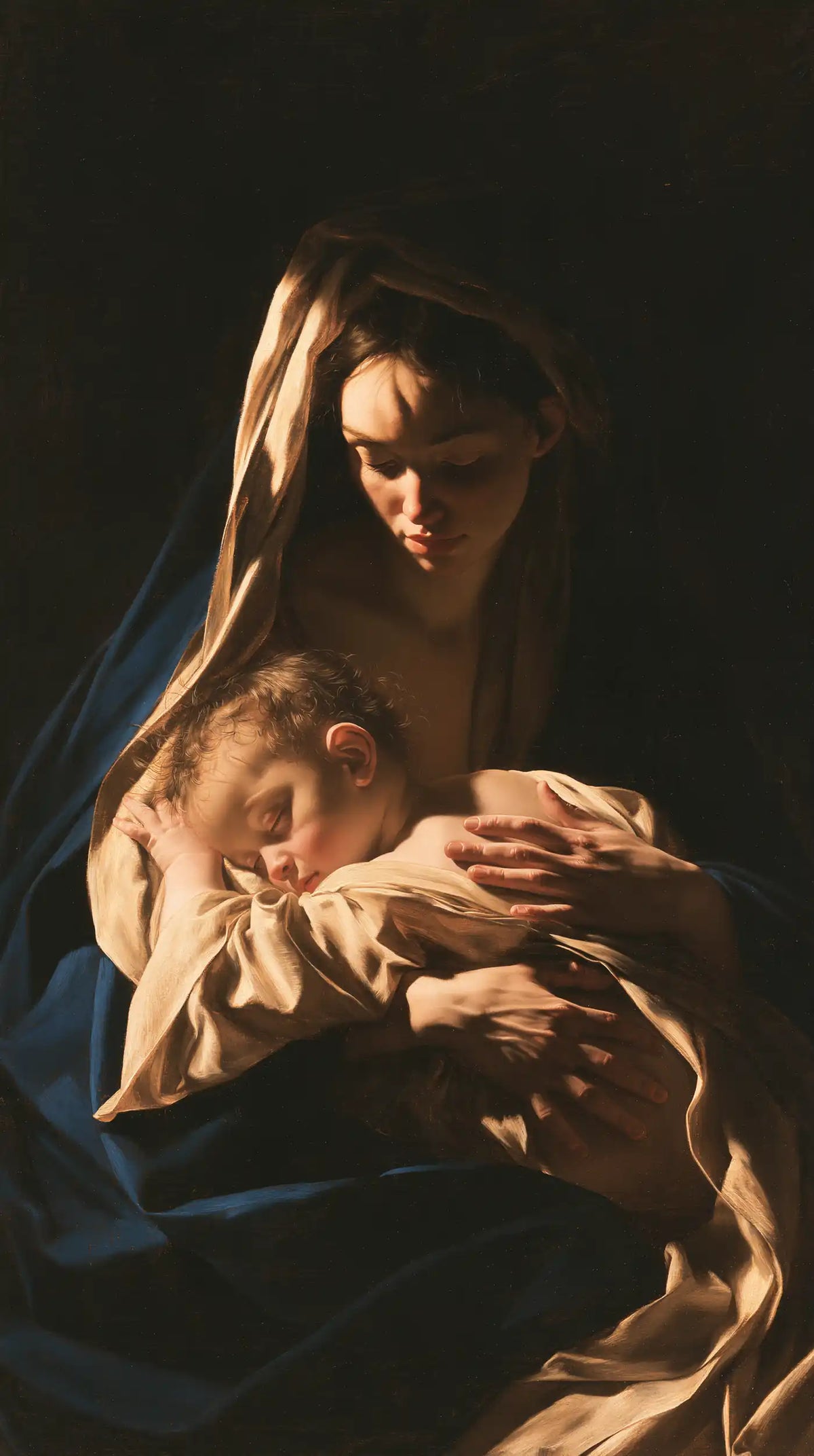 the Virgin Mary holding the Child Jesus in Caravaggio Tenebrism style, portrait Christian artwork no. 10