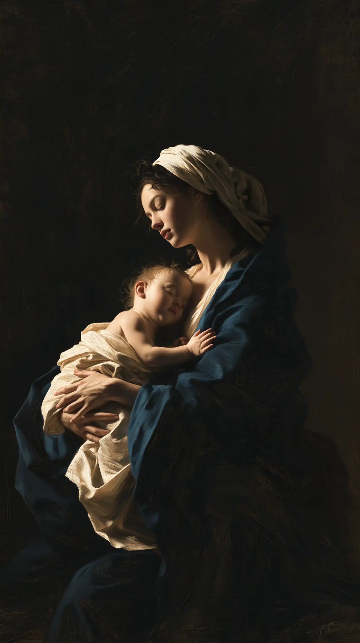 the Virgin Mary holding the Child Jesus in Caravaggio Tenebrism style, portrait Christian artwork no. 14