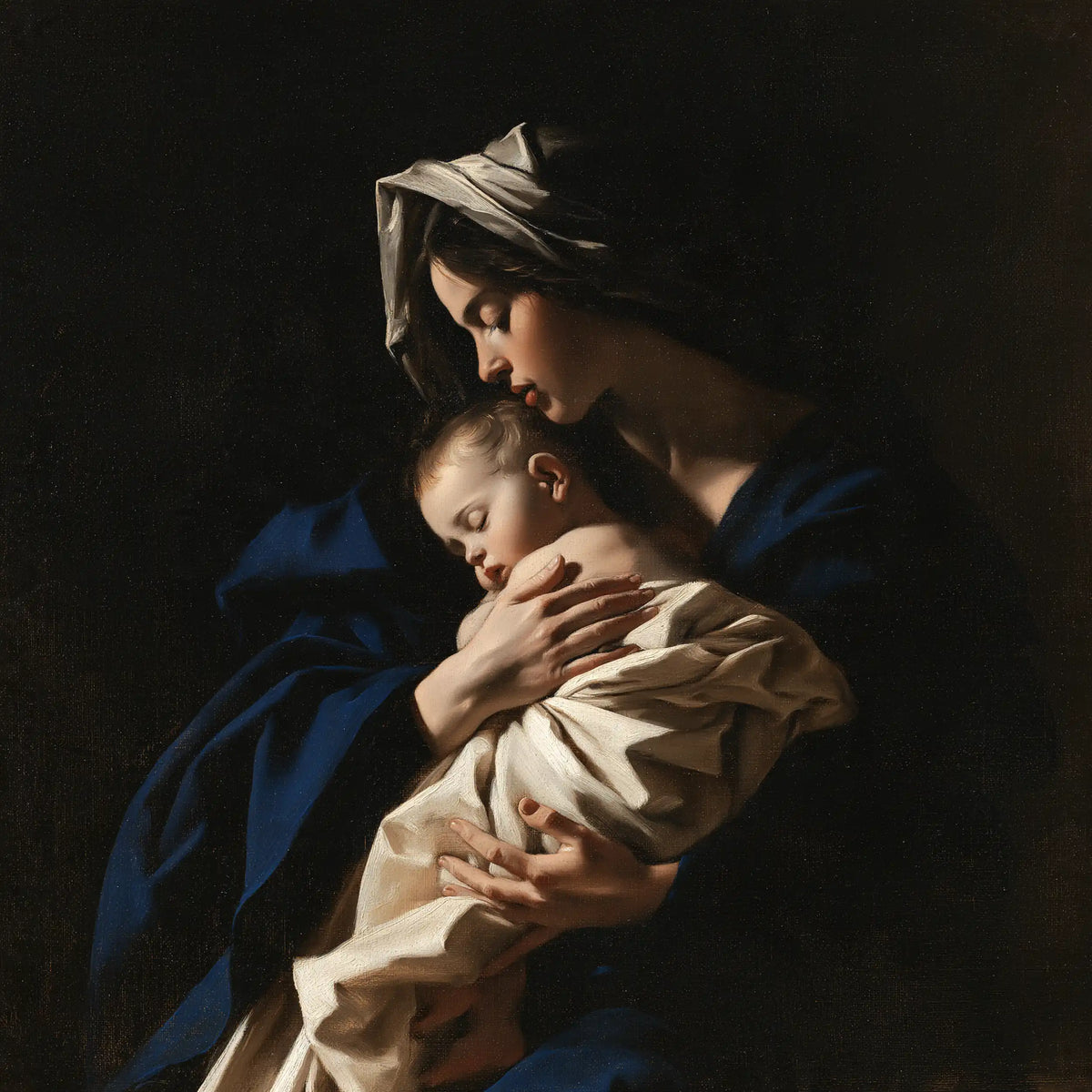 the Virgin Mary holding the Child Jesus in Caravaggio Tenebrism style, square Christian artwork no. 2