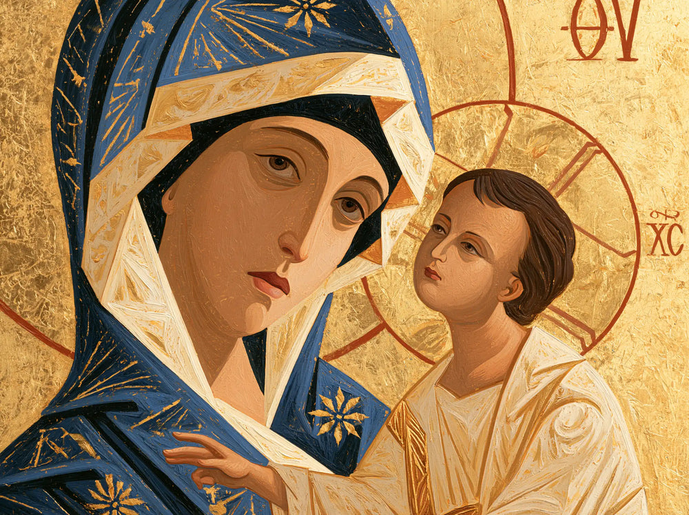 the Virgin Mary and the Child Jesus in Contemporary Byzantine style, landscape Christian artwork no. 6