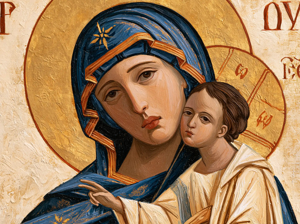 the Virgin Mary and the Child Jesus in Contemporary Byzantine style, landscape Christian artwork no. 7