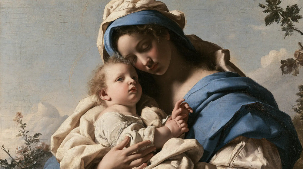 the Virgin Mary with the Child Jesus in Florentine Renaissance style, landscape Christian artwork no. 12