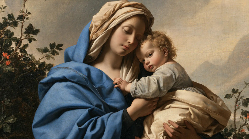 the Virgin Mary with the Child Jesus in Florentine Renaissance style, landscape Christian artwork no. 13
