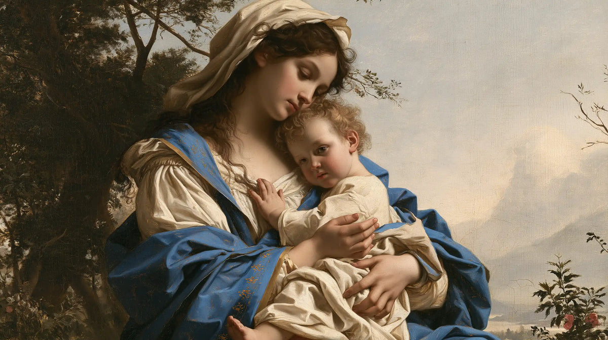 the Virgin Mary with the Child Jesus in Florentine Renaissance style, landscape Christian artwork no. 14