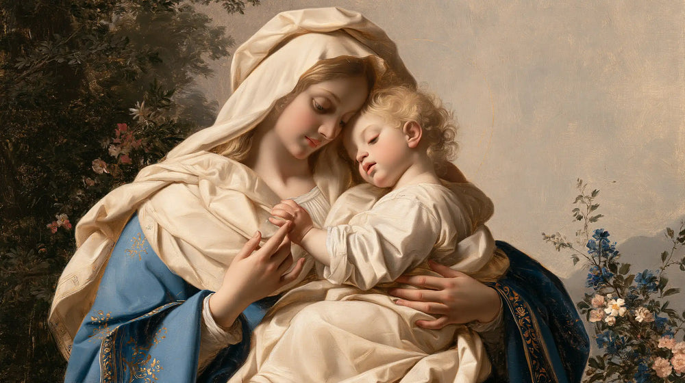 the Virgin Mary with the Child Jesus in Florentine Renaissance style, landscape Christian artwork no. 15