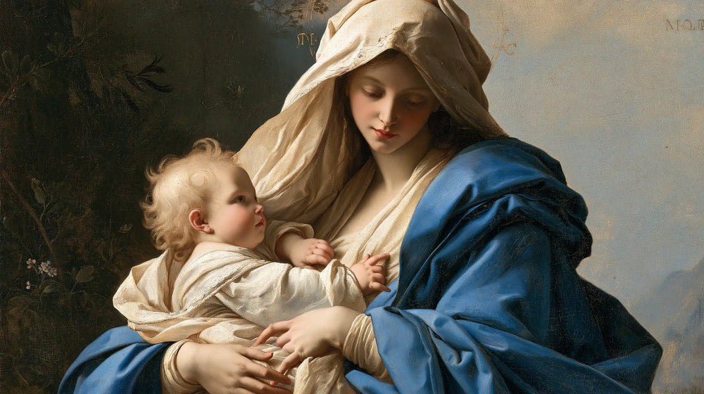the Virgin Mary with the Child Jesus in Florentine Renaissance style, landscape Christian artwork no. 16