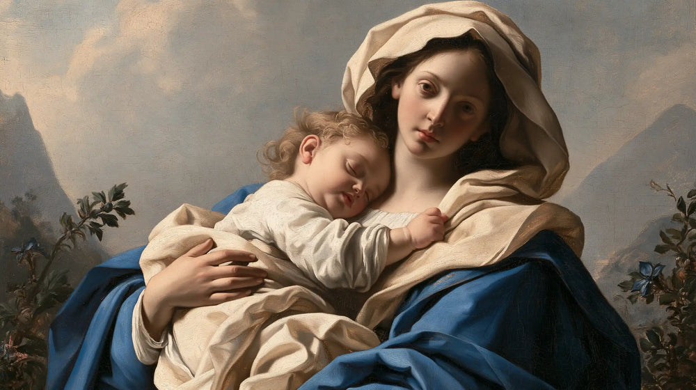the Virgin Mary with the Child Jesus in Florentine Renaissance style, landscape Christian artwork no. 19