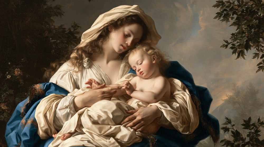 the Virgin Mary with the Child Jesus in Florentine Renaissance style, landscape Christian artwork no. 20