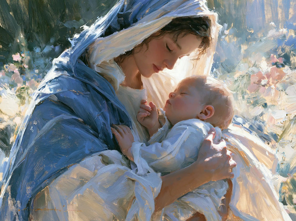 the Virgin Mary and the Child Jesus together in Impressionist style, landscape Christian artwork no. 2