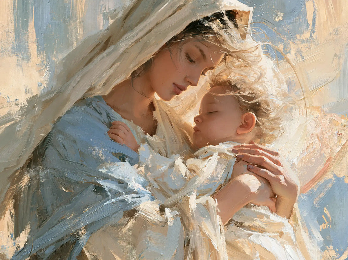 the Virgin Mary and the Child Jesus together in Impressionist style, landscape Christian artwork no. 3