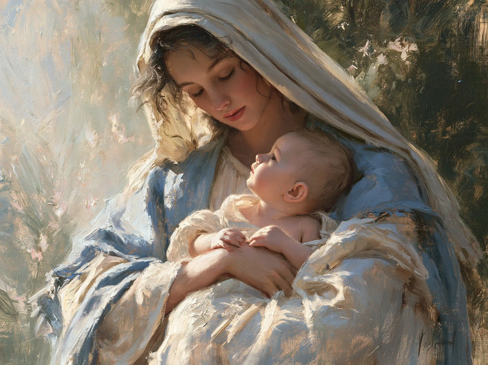 the Virgin Mary and the Child Jesus together in Impressionist style, landscape Christian artwork no. 4