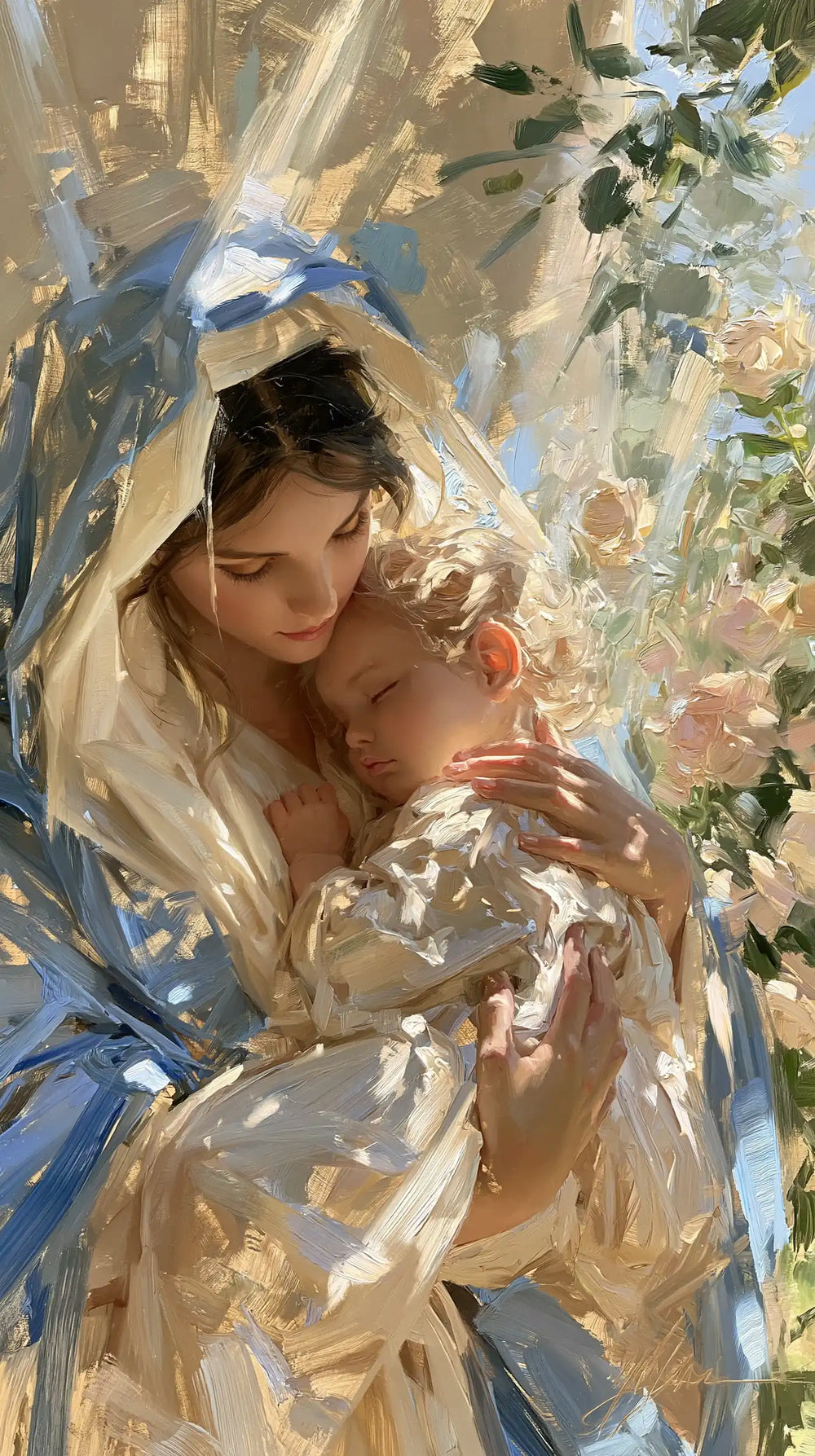 the Virgin Mary and the Child Jesus together in Impressionist style, portrait Christian artwork no. 8