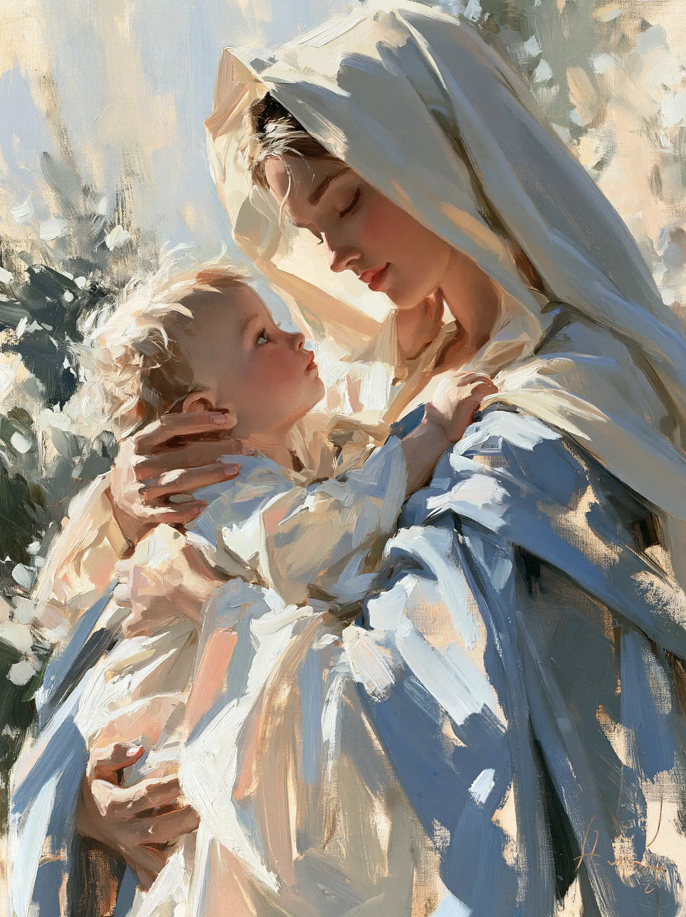the Virgin Mary and the Child Jesus together in Impressionist style, portrait Christian artwork no. 14
