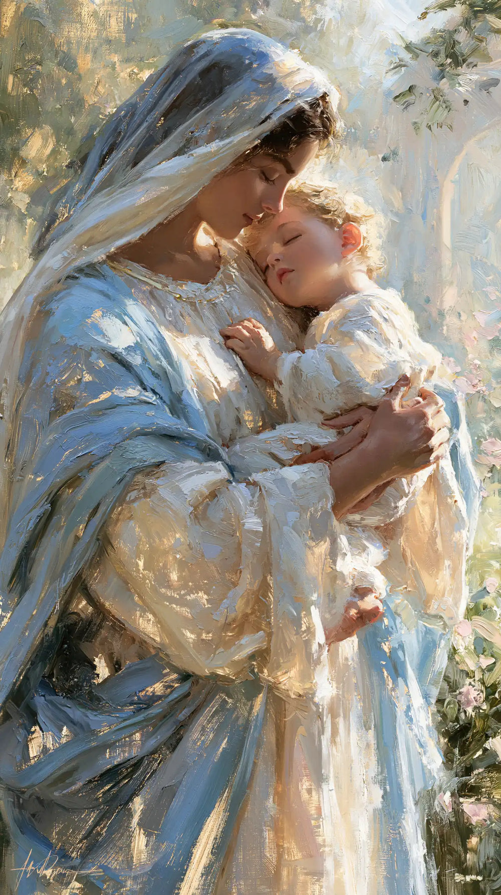 the Virgin Mary and the Child Jesus together in Impressionist style, portrait Christian artwork no. 19