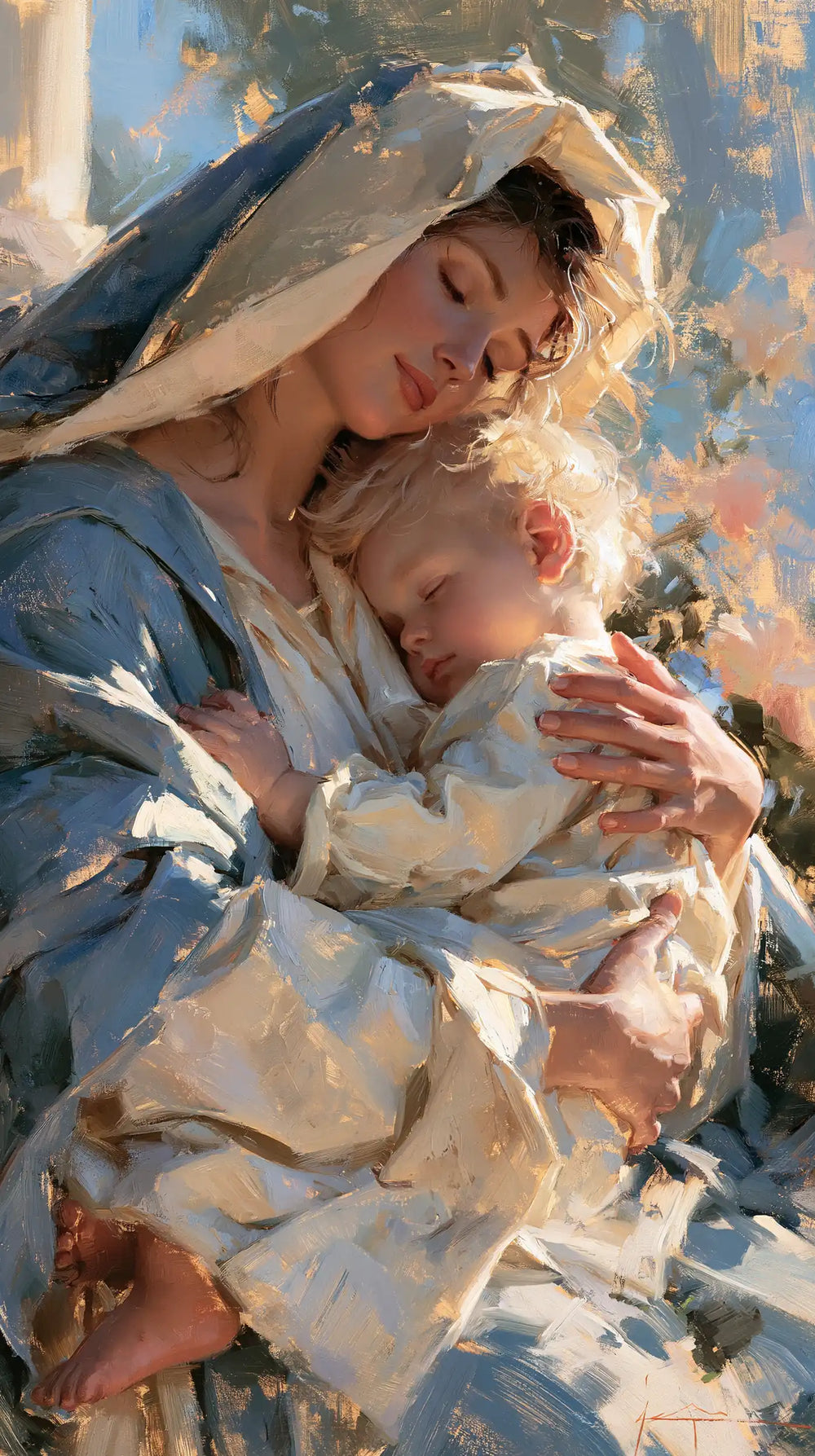 the Virgin Mary and the Child Jesus together in Impressionist style, portrait Christian artwork no. 26
