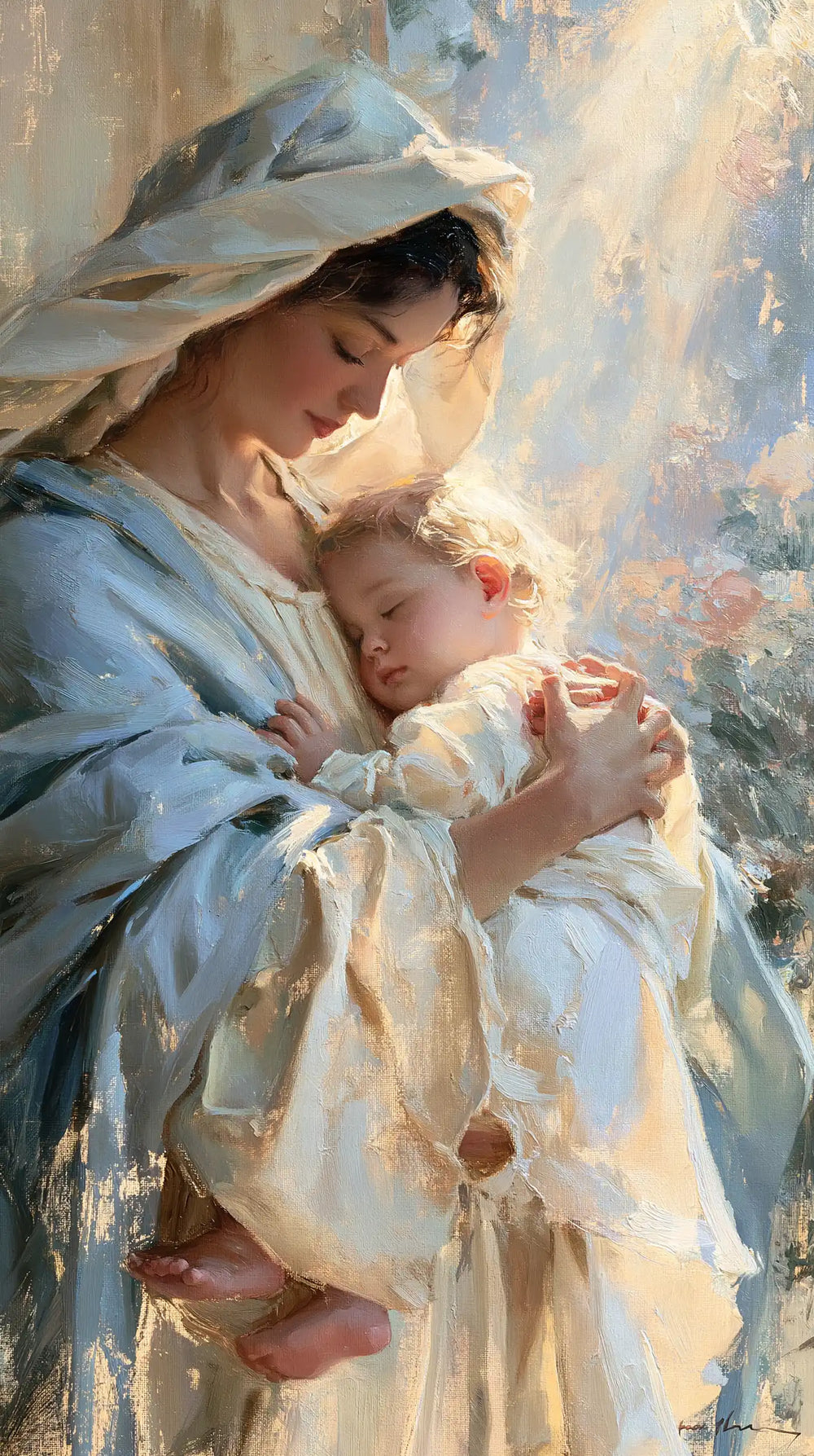 the Virgin Mary and the Child Jesus together in Impressionist style, portrait Christian artwork no. 31