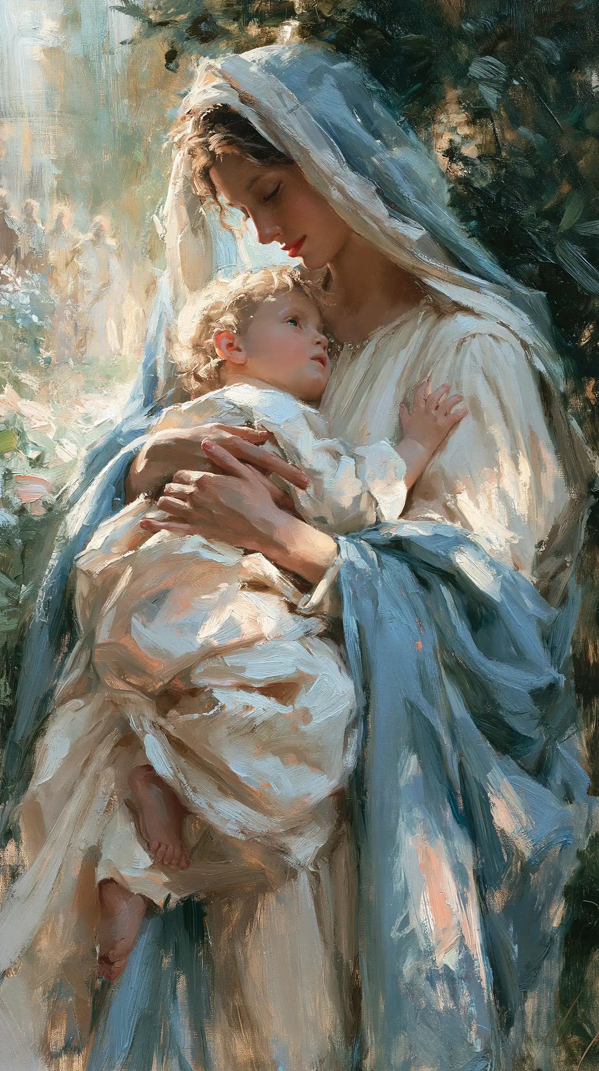 the Virgin Mary and the Child Jesus together in Impressionist style, portrait Christian artwork no. 32
