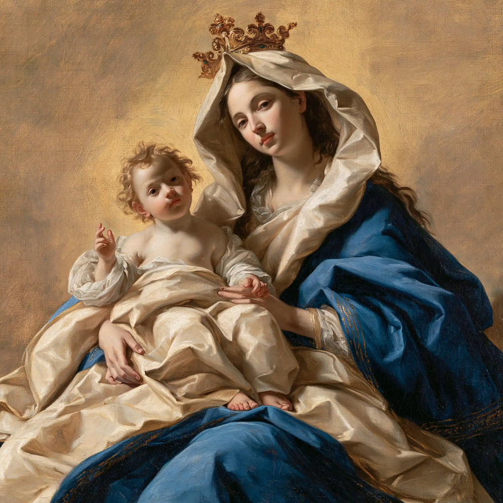 the majestic Virgin Mary with the Child Jesus in Majestic Virgin and Child style, square Christian artwork no. 8