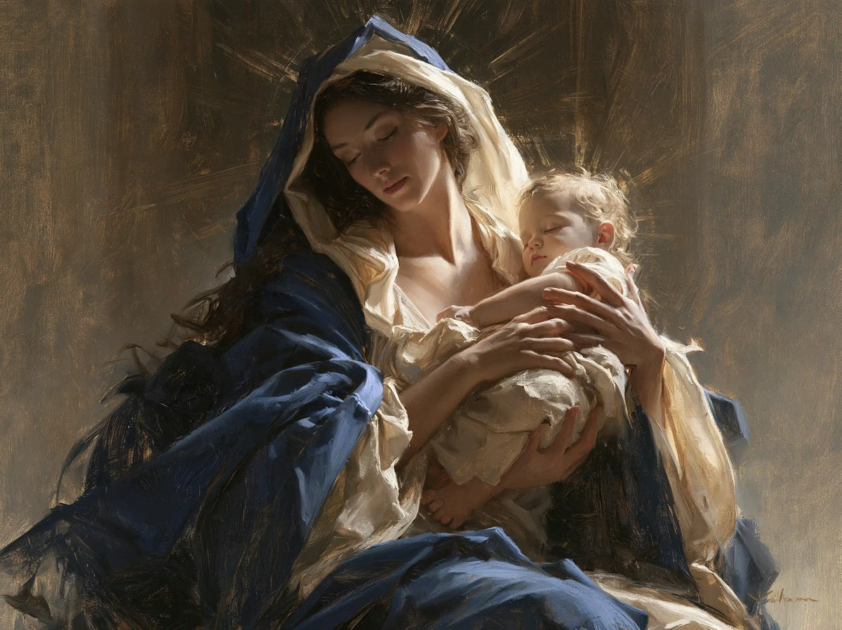 the Virgin Mary presenting the Child Jesus in Mary Presenting the Child Jesus style, landscape Christian artwork no. 1