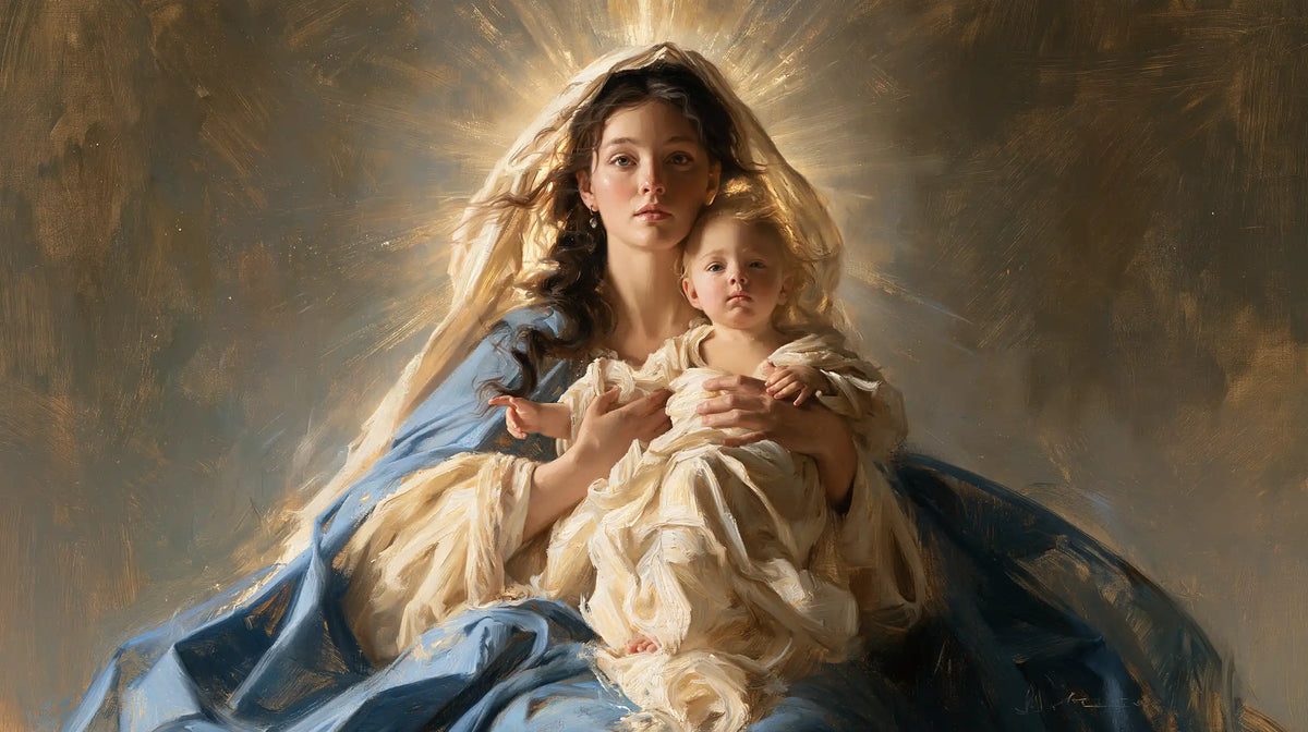 the Virgin Mary presenting the Child Jesus in Mary Presenting the Child Jesus style, landscape Christian artwork no. 19