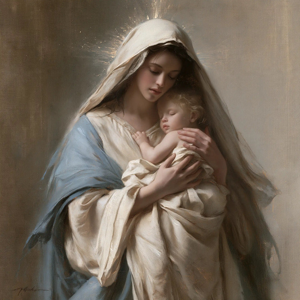 the Virgin Mary presenting the Child Jesus in Mary Presenting the Child Jesus style, square Christian artwork no. 5