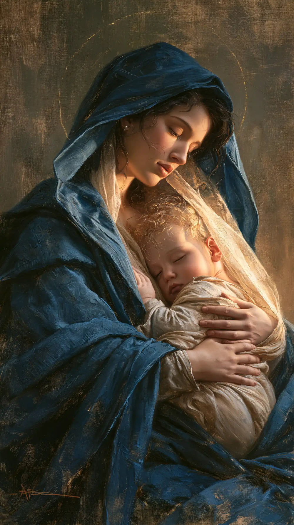 the Virgin Mary protecting the Child Jesus beneath her mantle in Mary Protecting Jesus Beneath Her Mantle style, portrait Christian artwork no. 2