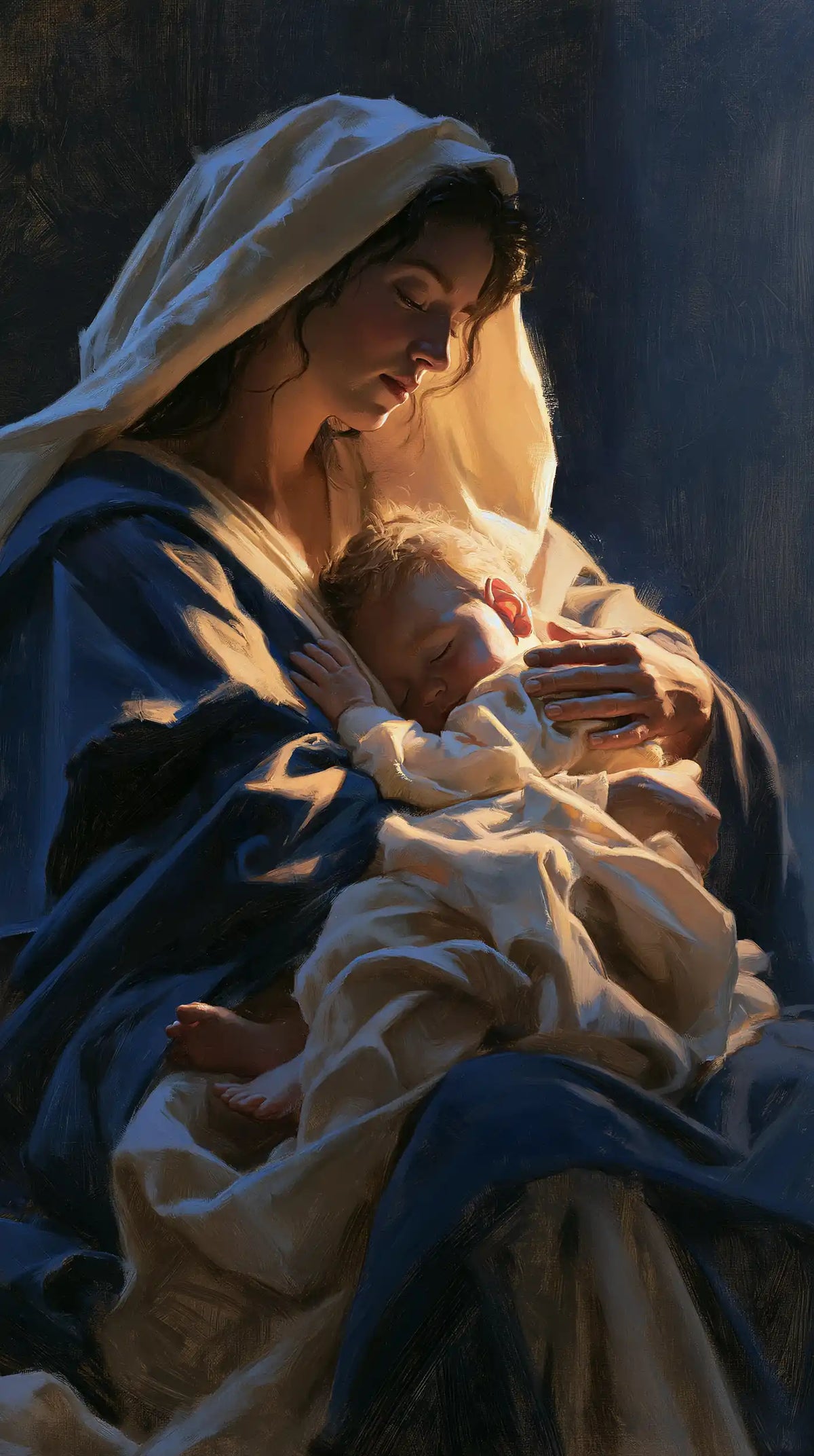 the Virgin Mary and the Child Jesus in Midnight Blue Chiaroscuro style, portrait Christian artwork no. 1