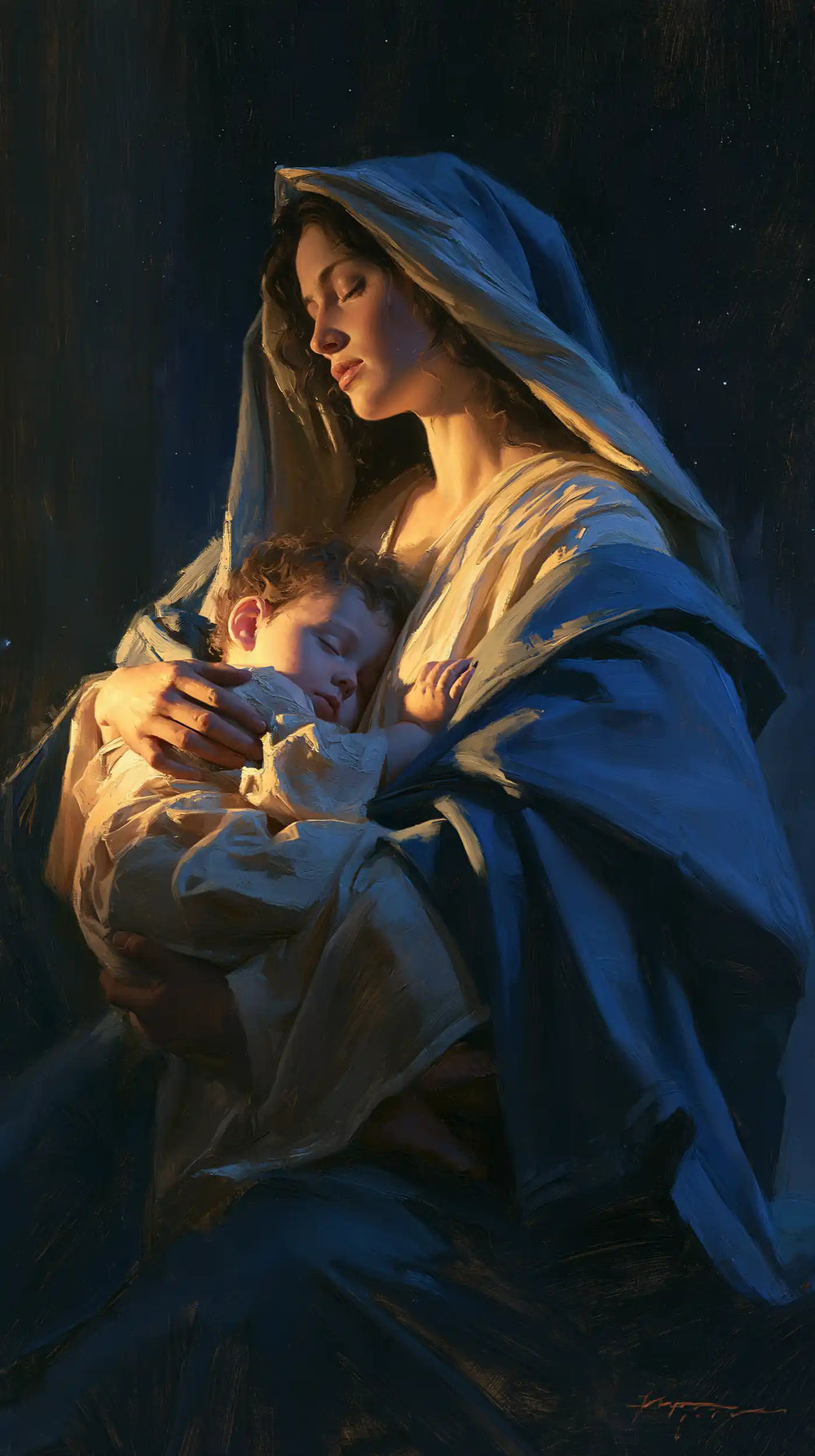 the Virgin Mary and the Child Jesus in Midnight Blue Chiaroscuro style, portrait Christian artwork no. 2