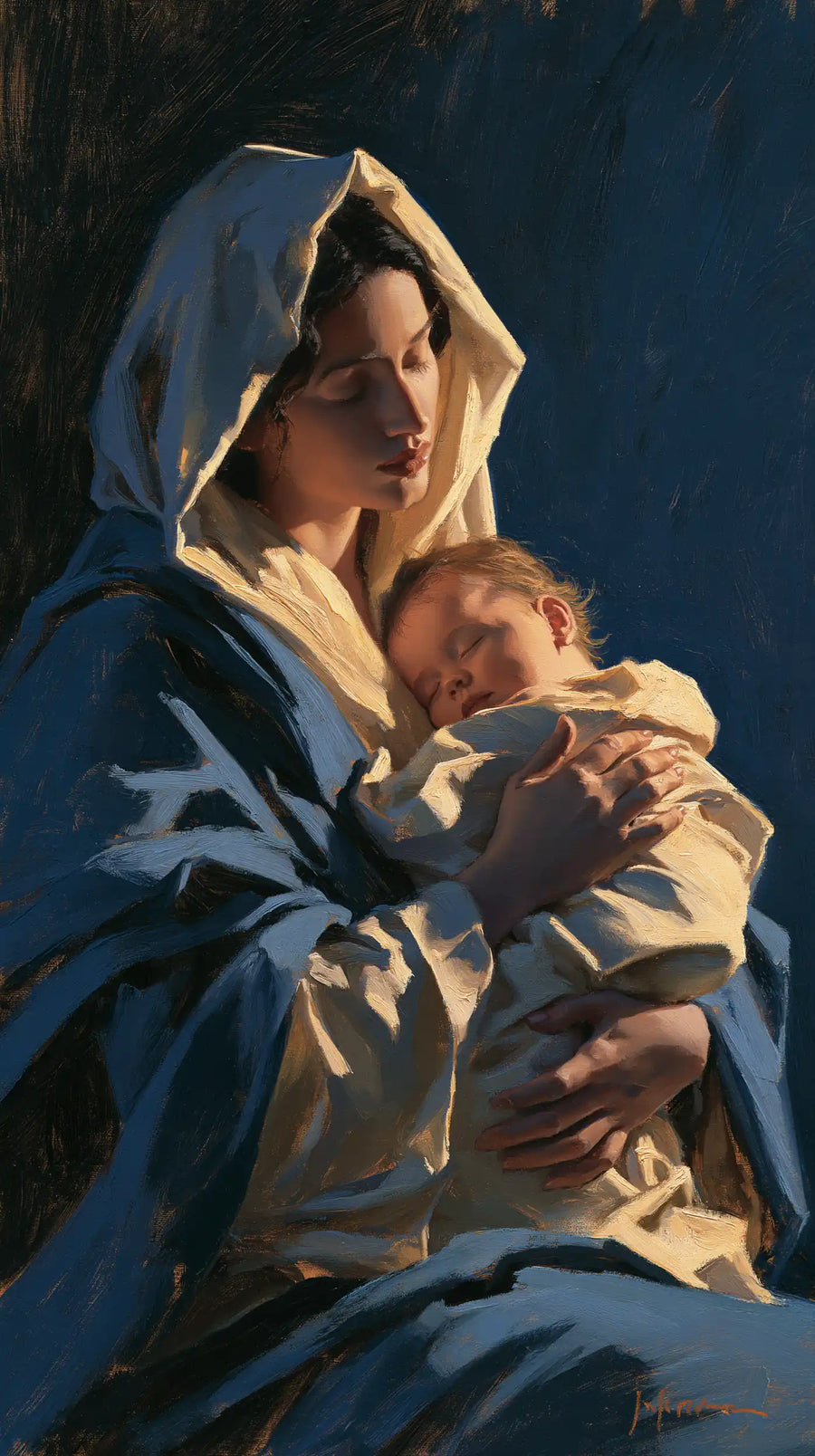 Virgin Mary and Child Jesus - Midnight Blue Chiaroscuro · Portrait n° 3