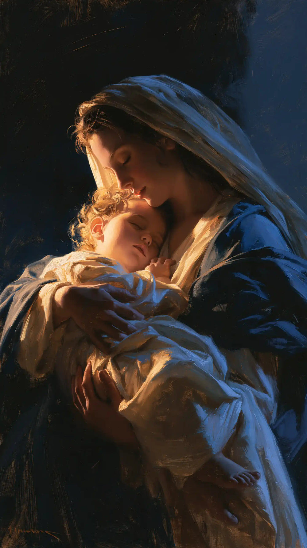 the Virgin Mary and the Child Jesus in Midnight Blue Chiaroscuro style, portrait Christian artwork no. 7