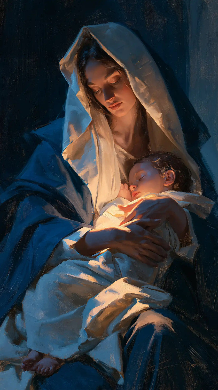Virgin Mary and Child Jesus - Midnight Blue Chiaroscuro · Portrait n° 8