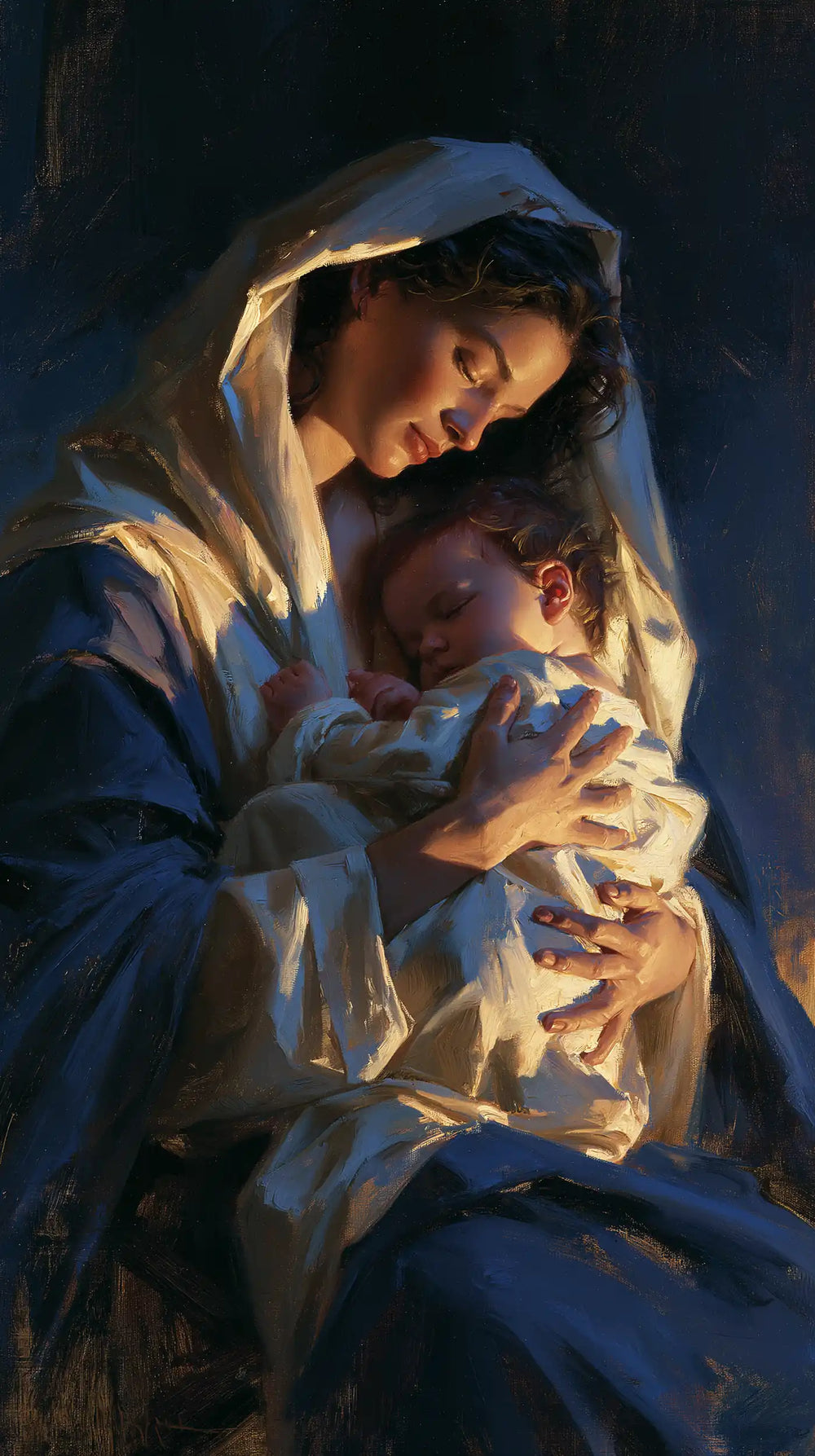 the Virgin Mary and the Child Jesus in Midnight Blue Chiaroscuro style, portrait Christian artwork no. 12