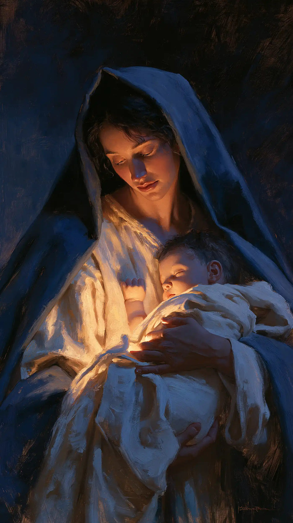 the Virgin Mary and the Child Jesus in Midnight Blue Chiaroscuro style, portrait Christian artwork no. 15