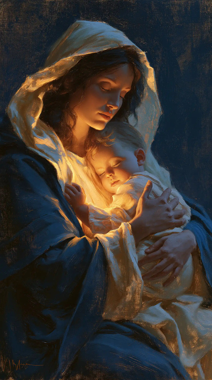 Virgin Mary and Child Jesus - Midnight Blue Chiaroscuro · Portrait n° 16