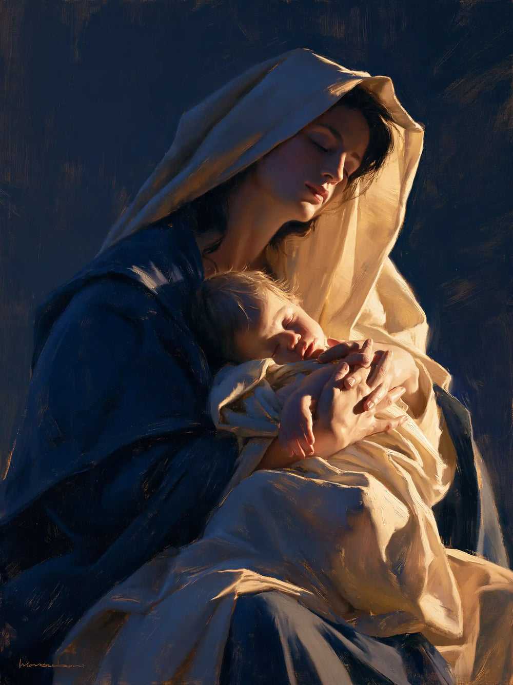 the Virgin Mary and the Child Jesus in Midnight Blue Chiaroscuro style, portrait Christian artwork no. 17
