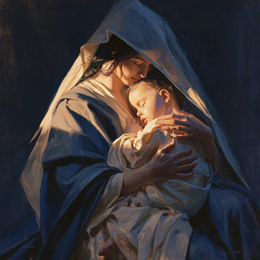 Virgin Mary and Child Jesus - Midnight Blue Chiaroscuro · Square n° 2