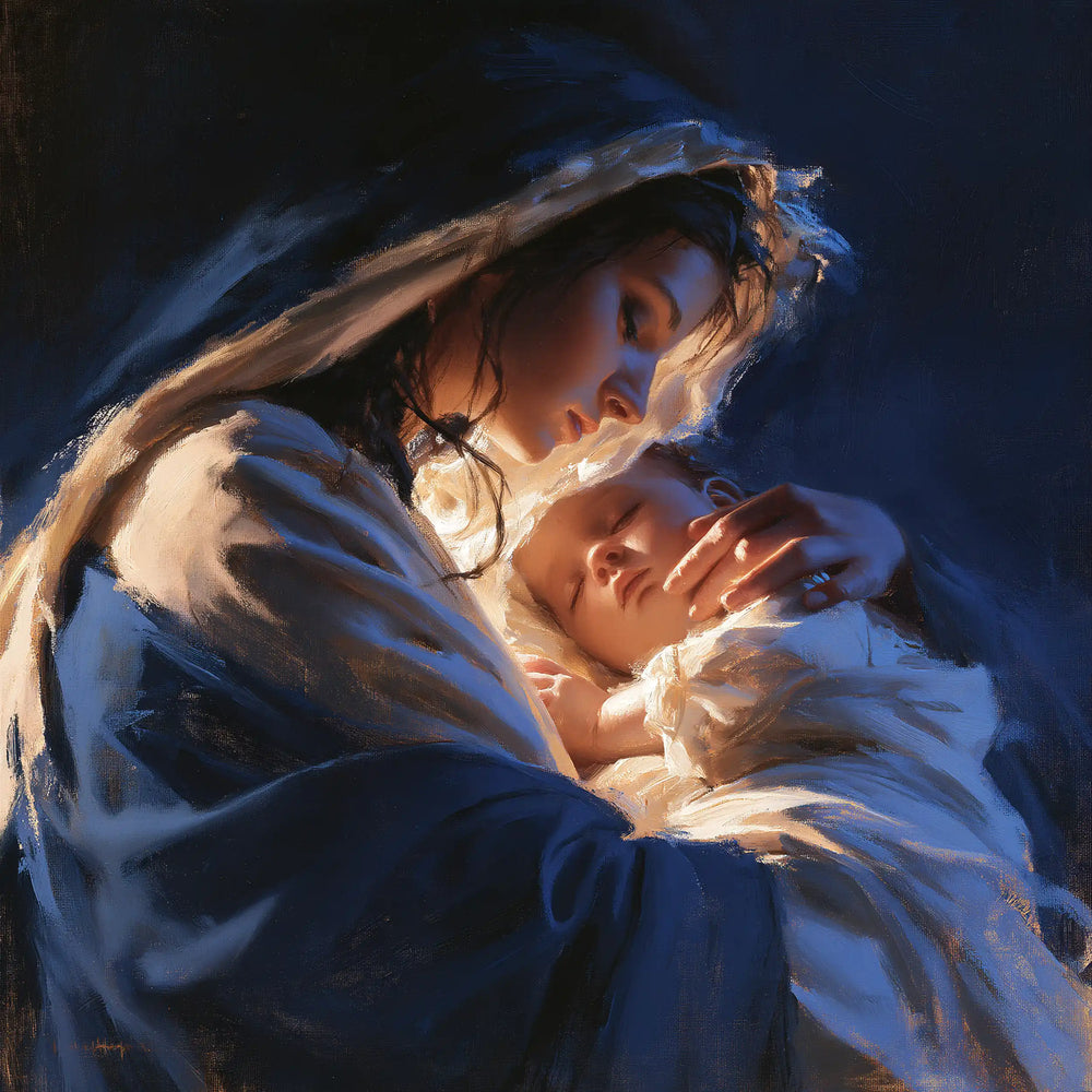the Virgin Mary and the Child Jesus in Midnight Blue Chiaroscuro style, square Christian artwork no. 3