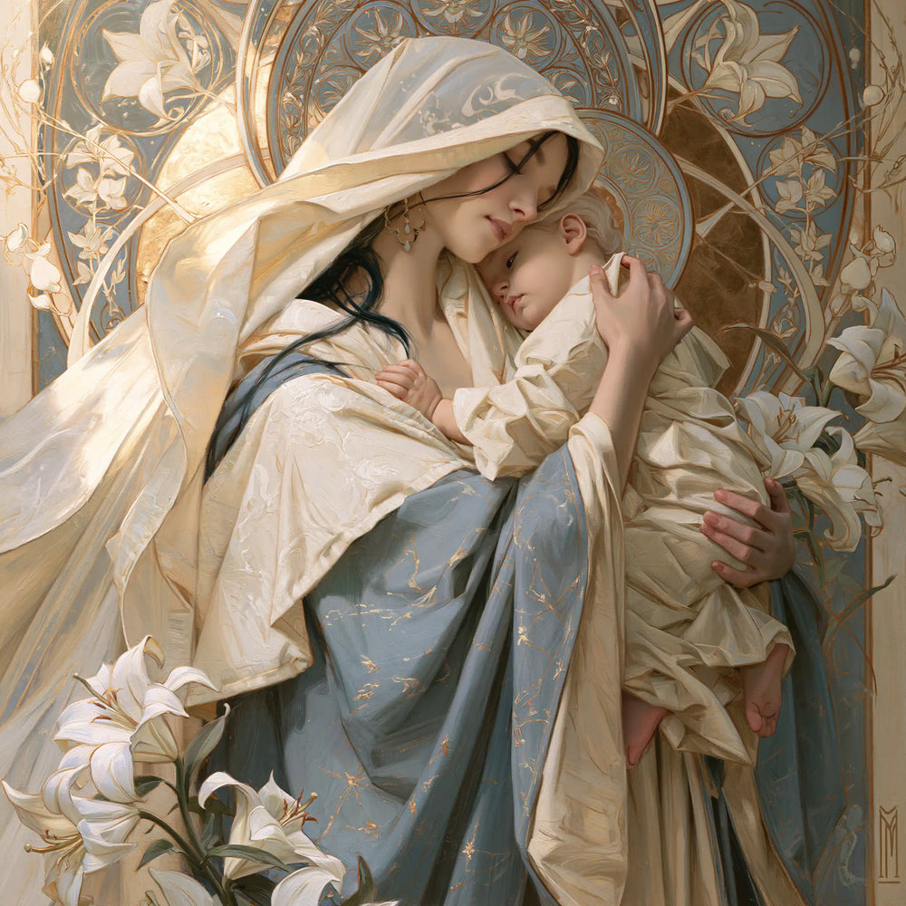 the Virgin Mary with the Child Jesus in Sacred Art Nouveau style, square Christian artwork no. 1