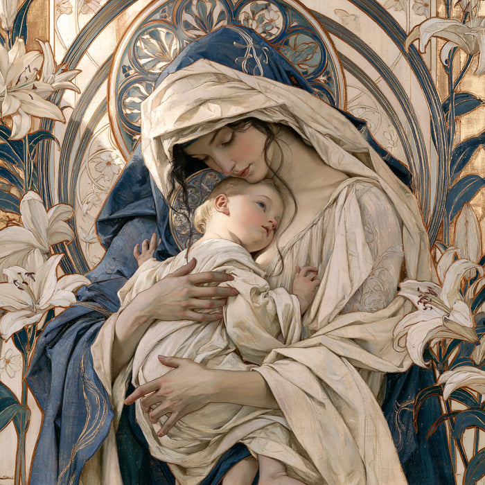 The Virgin and Child — The Upturned Face Amid Flowering Lines