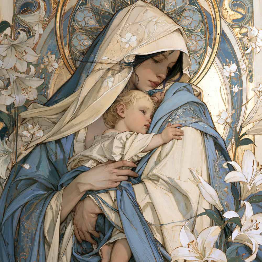 the Virgin Mary with the Child Jesus in Sacred Art Nouveau style, square Christian artwork no. 3