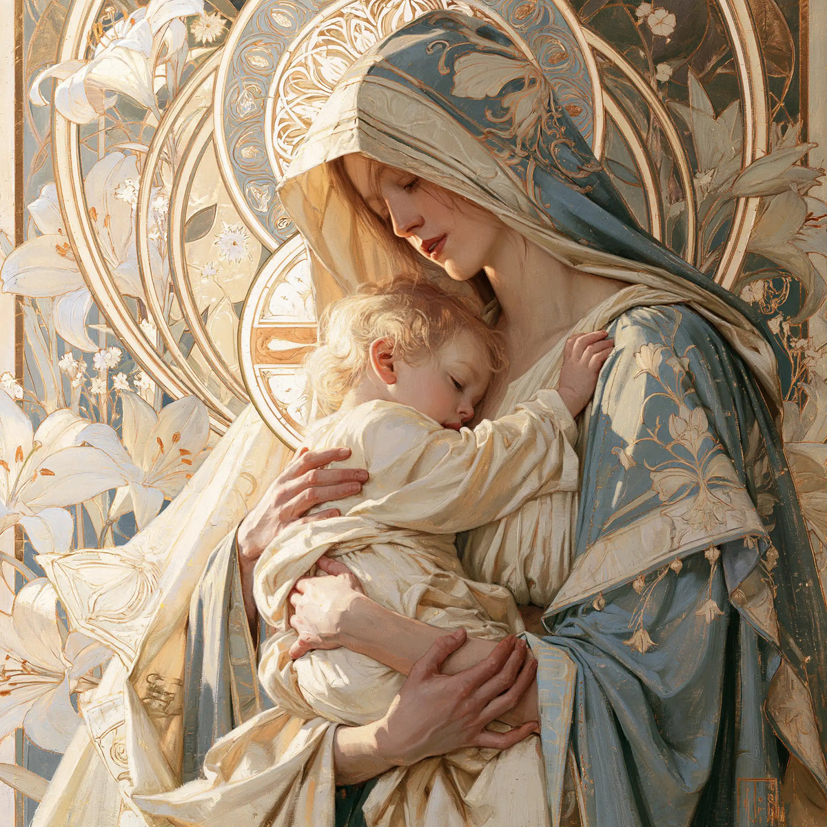 the Virgin Mary with the Child Jesus in Sacred Art Nouveau style, square Christian artwork no. 4